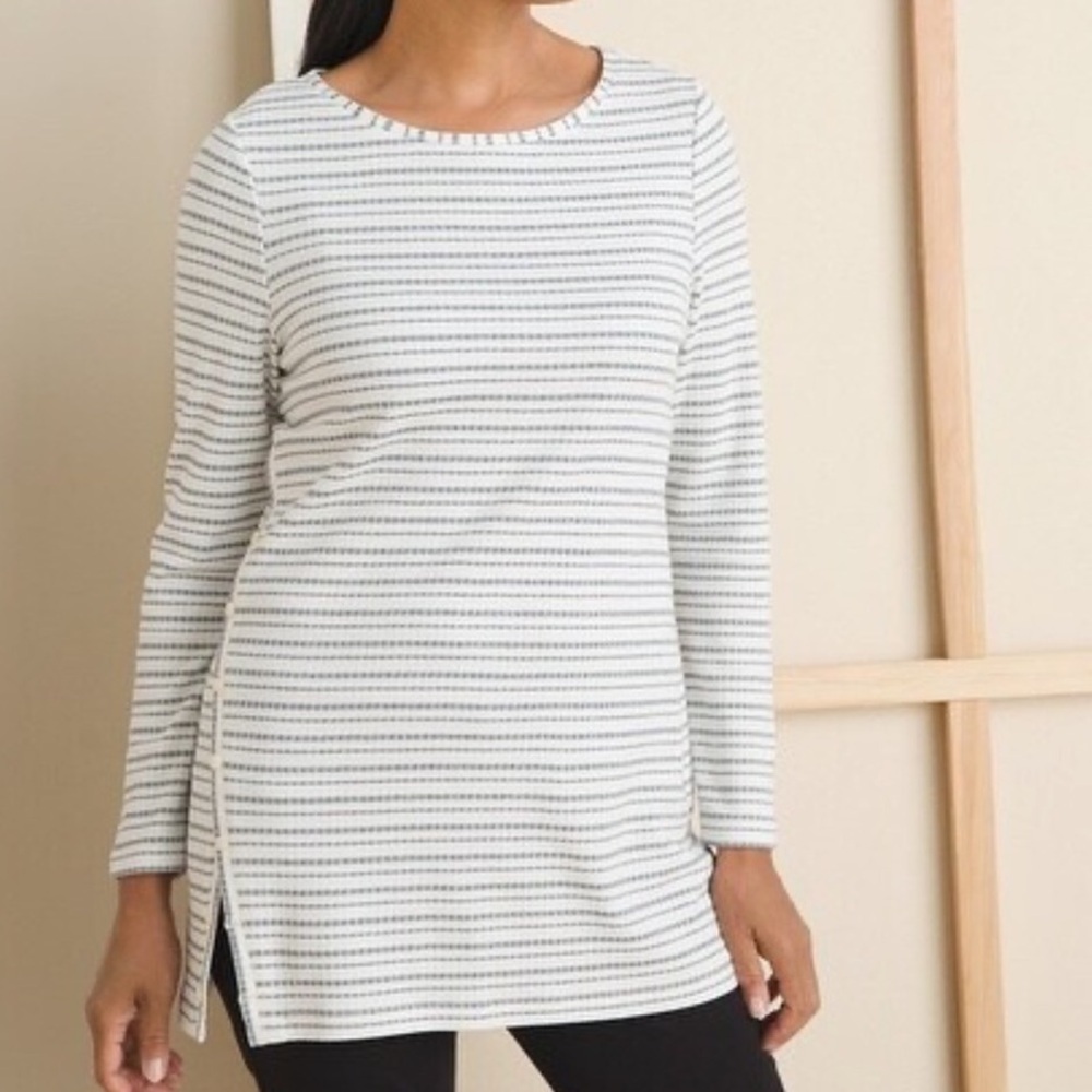 Chicos 2/L Button Side Long Sleeve Scoop Neck Soft Chic Striped Ribbed Tunic Top